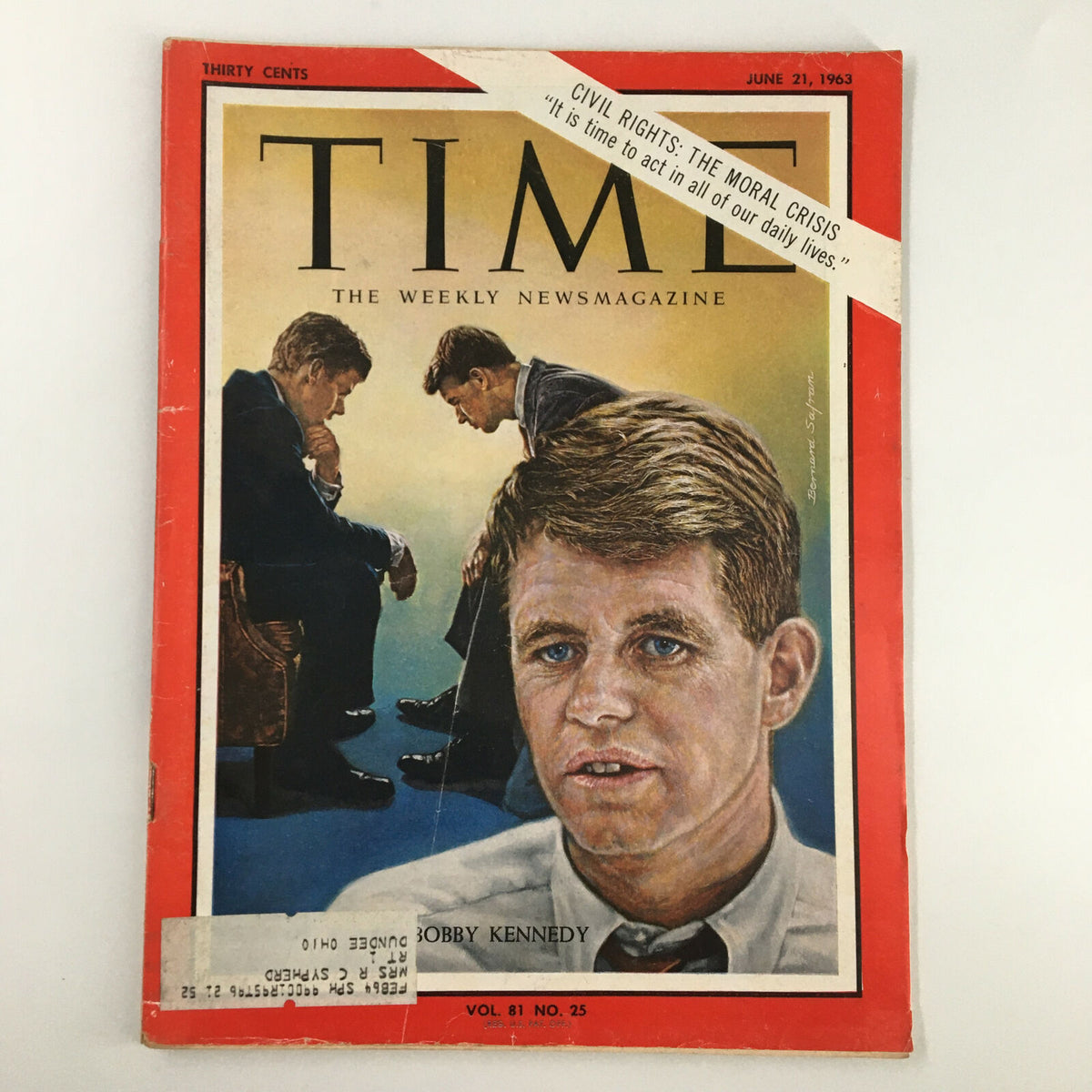 Vintage Time Magazine cover from June 21, 1963, featuring Bobby Kennedy, Volume 82 Number 25, highlighting the moral crisis in America.
