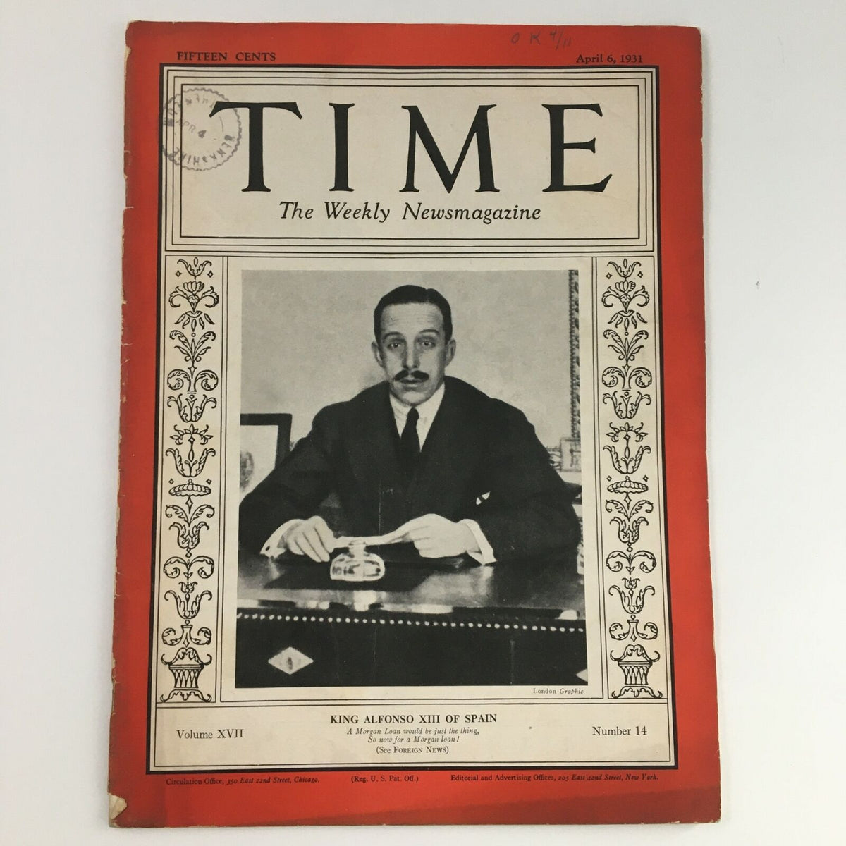 Cover of Time Magazine from April 6, 1931, Vol 17 #14 featuring 'The African', showcasing King Alfonso XIII of Spain, with a vintage design and valuable historical context.