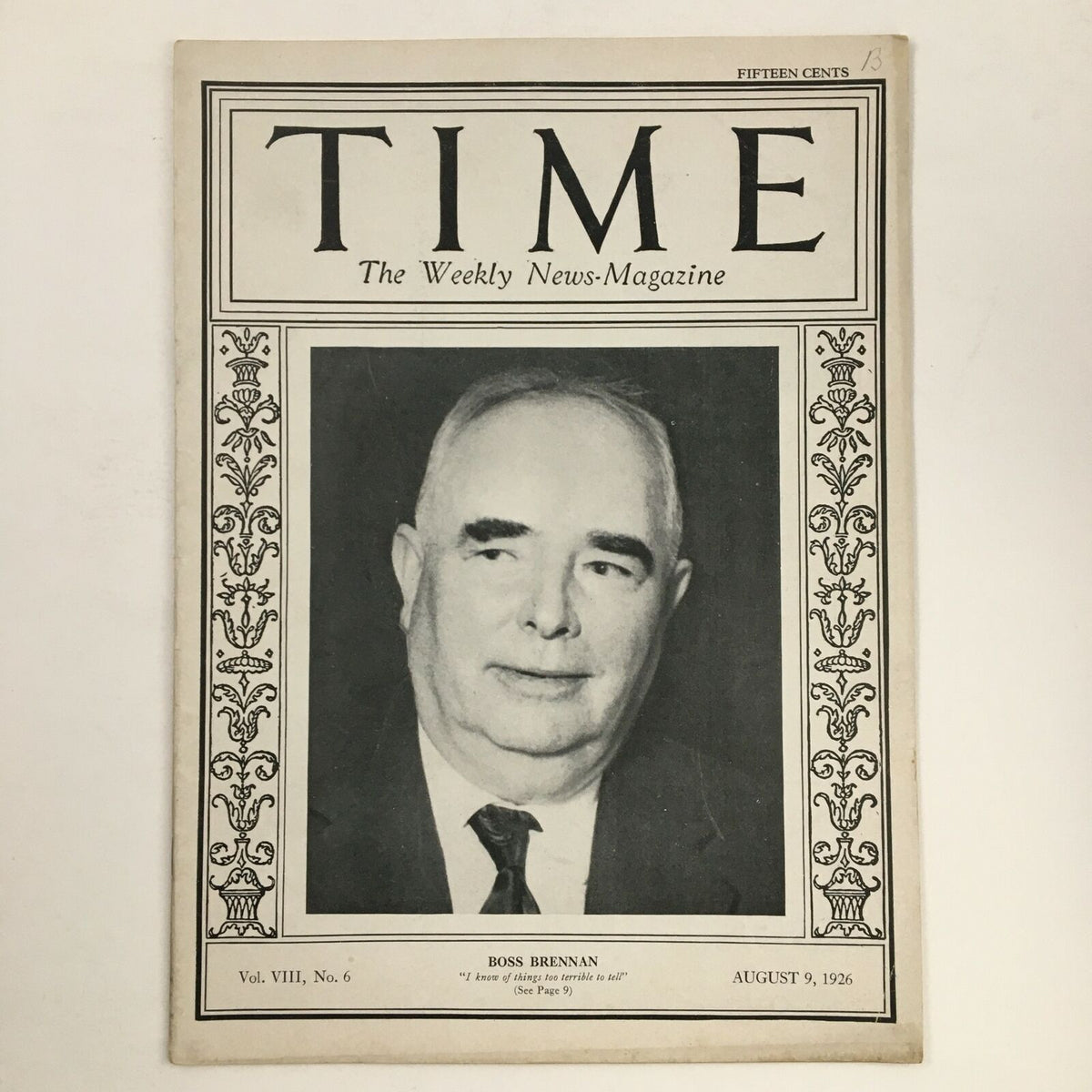 Cover of VTG Time Magazine August 9, 1926, Vol VIII No. 6 featuring Democratic Boss George E. Brennan, showcasing a vintage magazine aesthetic.