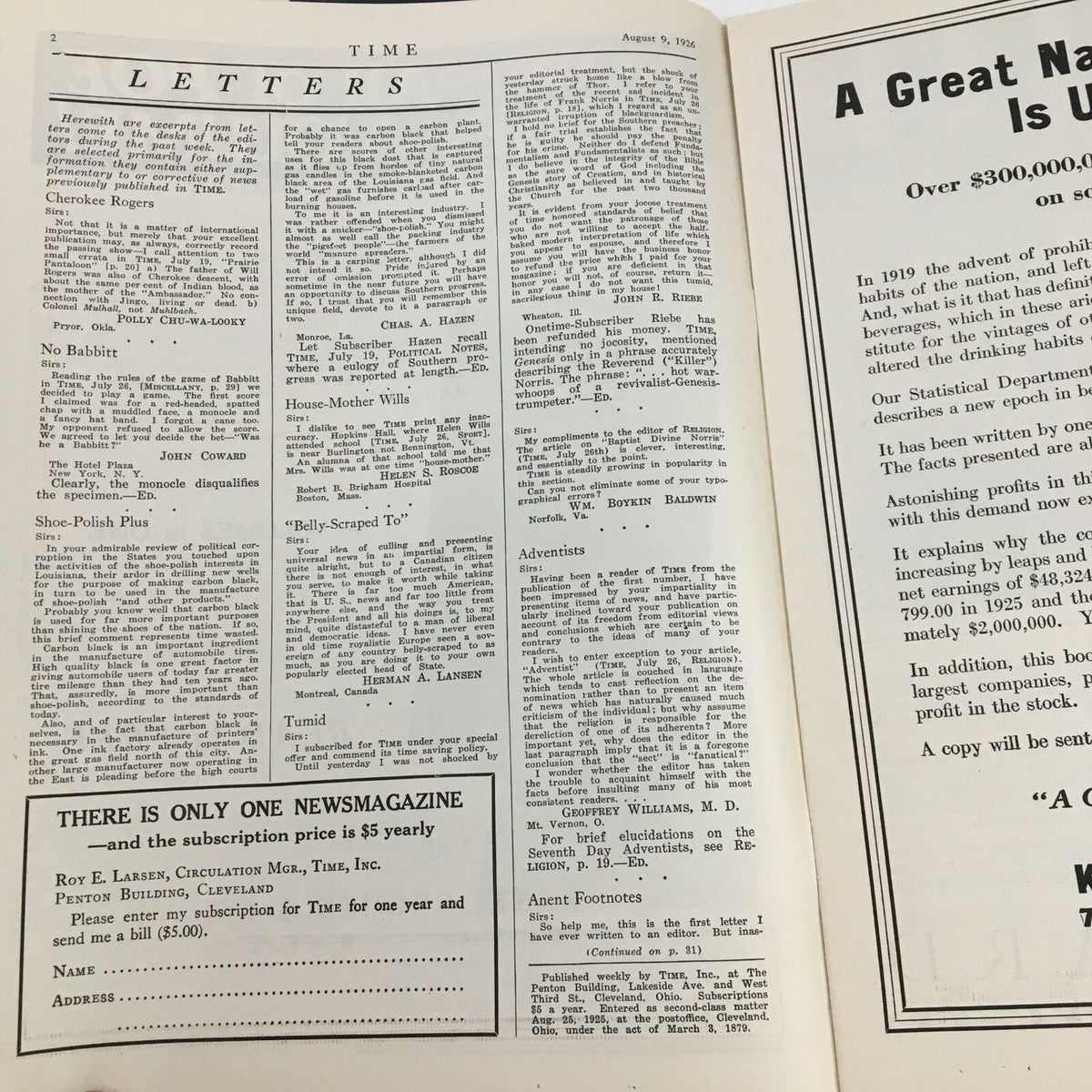 Inner page of VTG Time Magazine August 9, 1926, discussing letters to the editor and showcasing historical print layout.
