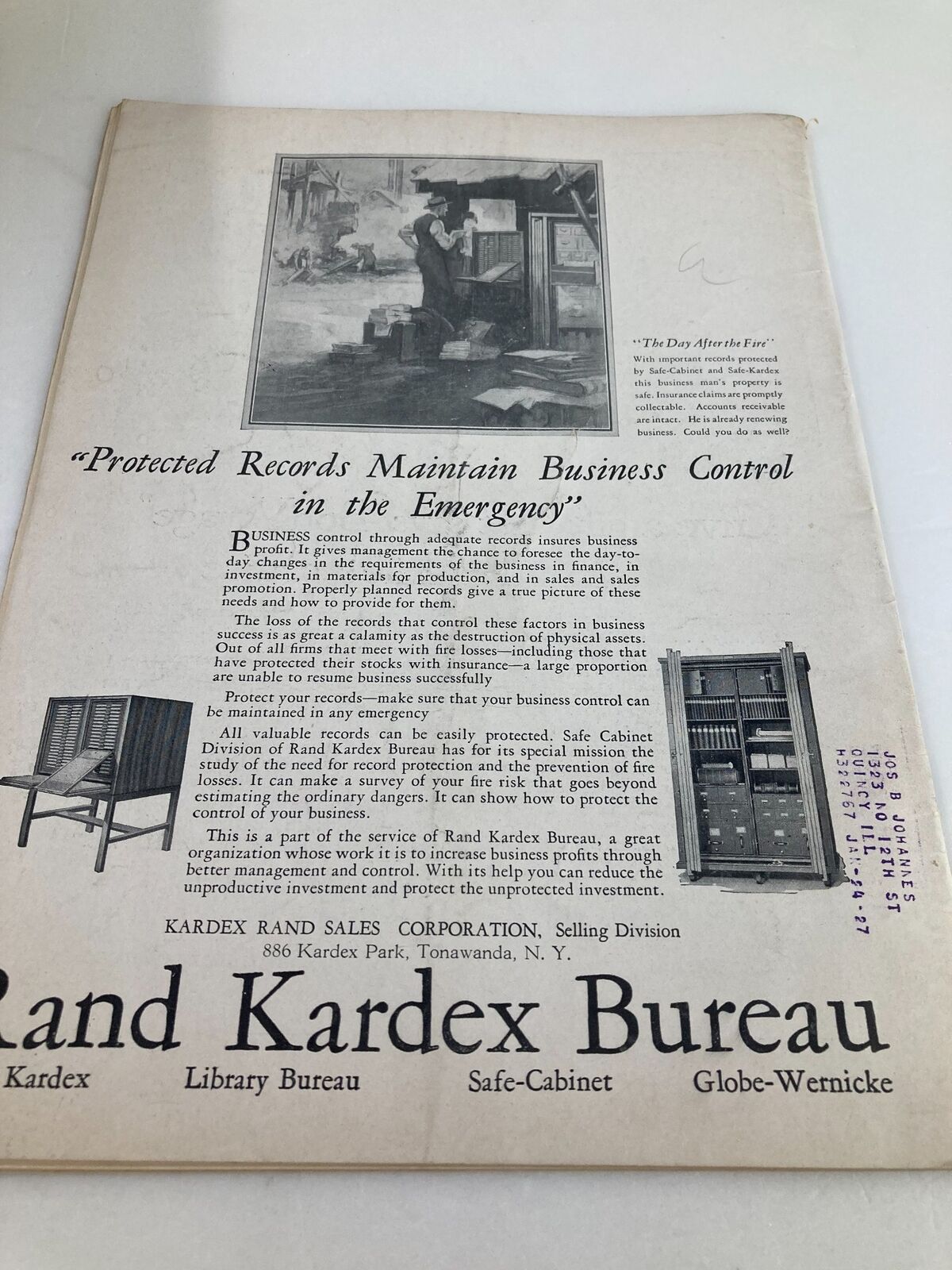 Back cover of VTG Time Magazine August 16 1926 Vol 8 #7, displaying an advertisement for Rand Kardex Bureau with an illustration of a man organizing records.