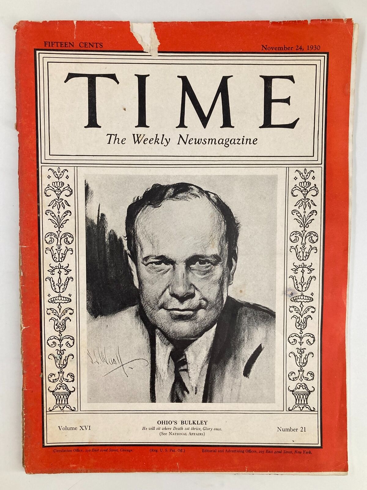 Vintage Time Magazine cover from November 24, 1930, featuring Ohio's Robert J. Bulkley and highlighting the historical significance of the publication.