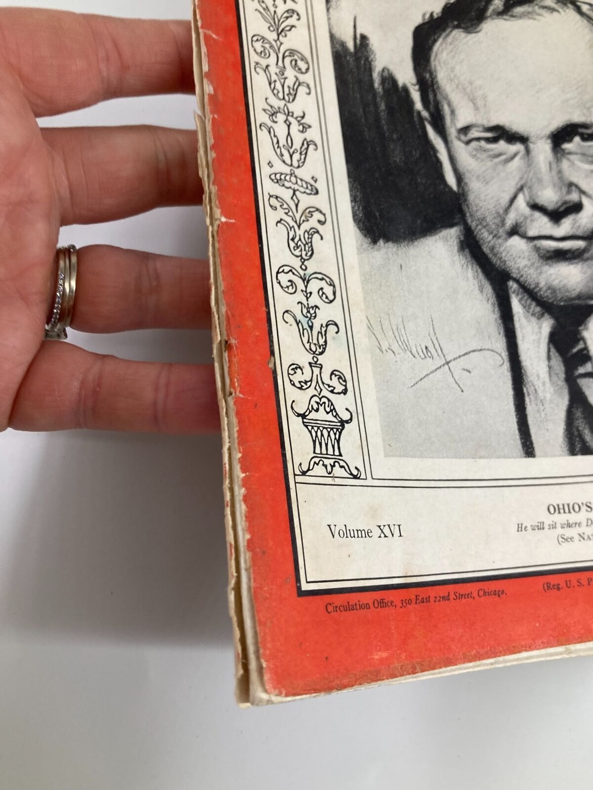 Side view of the November 24, 1930, Time Magazine featuring Ohio's Robert J. Bulkley, highlighting the wear and charm of this historical publication.