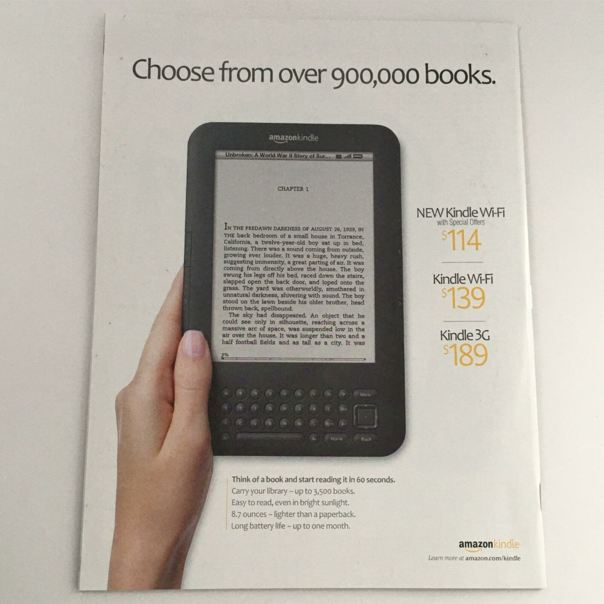 Advertisement for Amazon Kindle, showcasing different models and prices, emphasizing easy reading access to over 900,000 books.