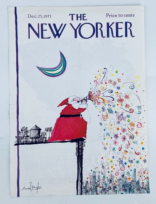 COVER ONLY The New Yorker December 25 1971 Santa & Horn by Ronald Searle, showcasing a whimsical Santa character on a rooftop, surrounded by a colorful explosion of holiday cheer.