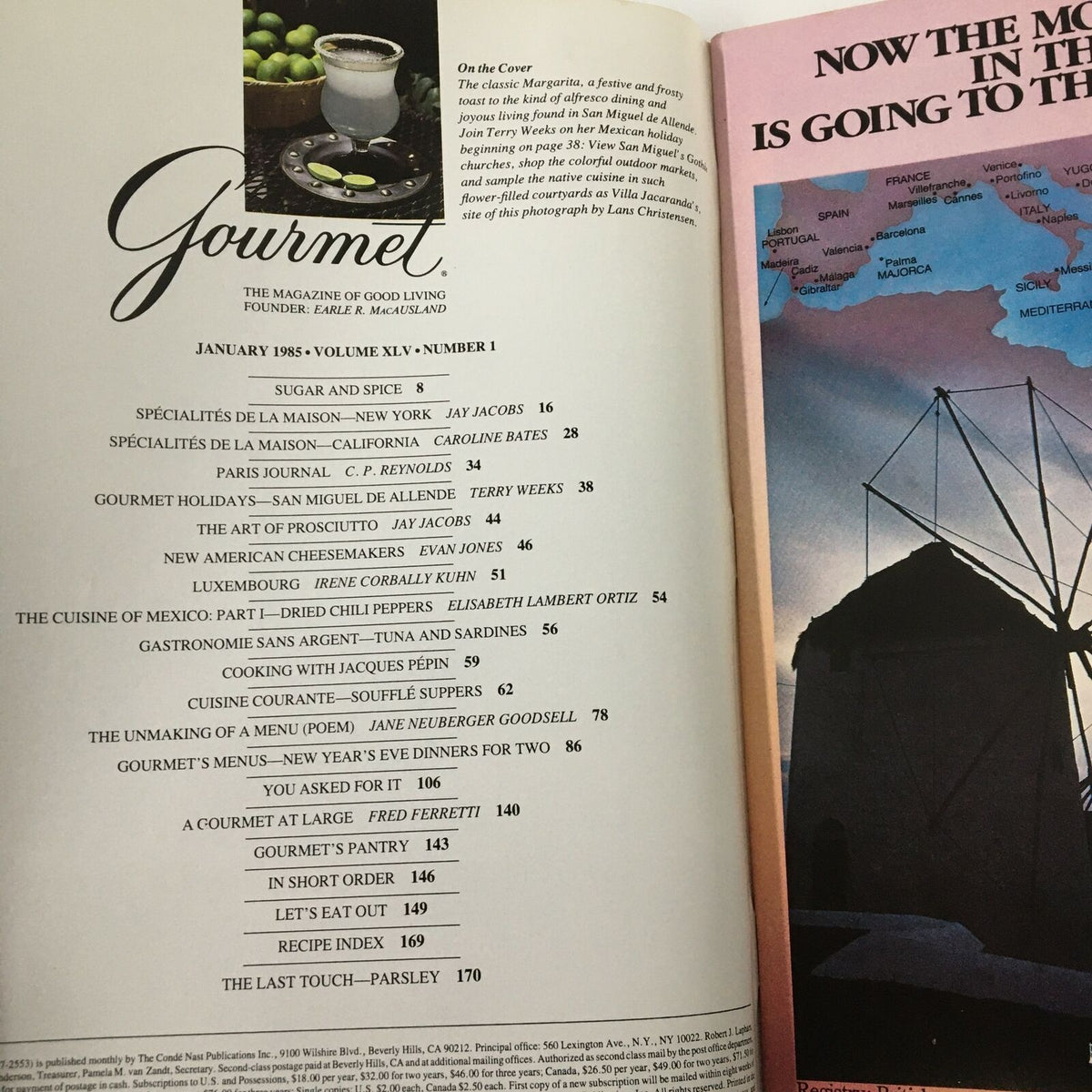 Table of contents from VTG Gourmet Magazine January 1985 detailing articles on food culture and recipes.