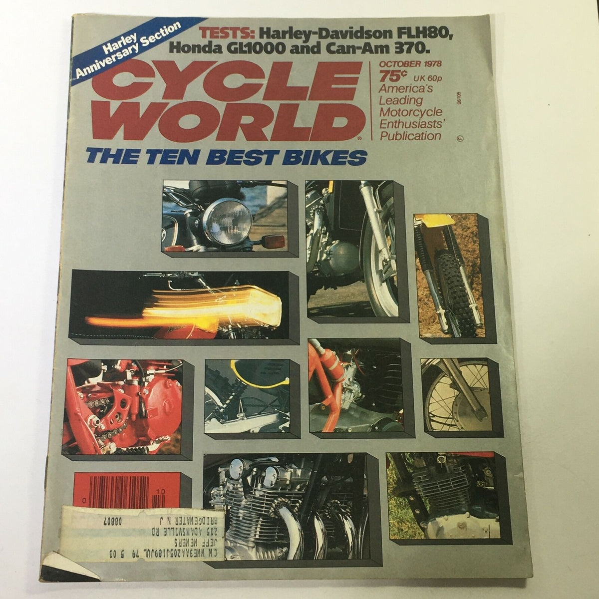 Cycle World Magazine October 1978 cover featuring Harley-Davidson FLH80 and Honda GL1000, showcasing the ten best bikes of the era with colorful motorcycle images and captivating designs.