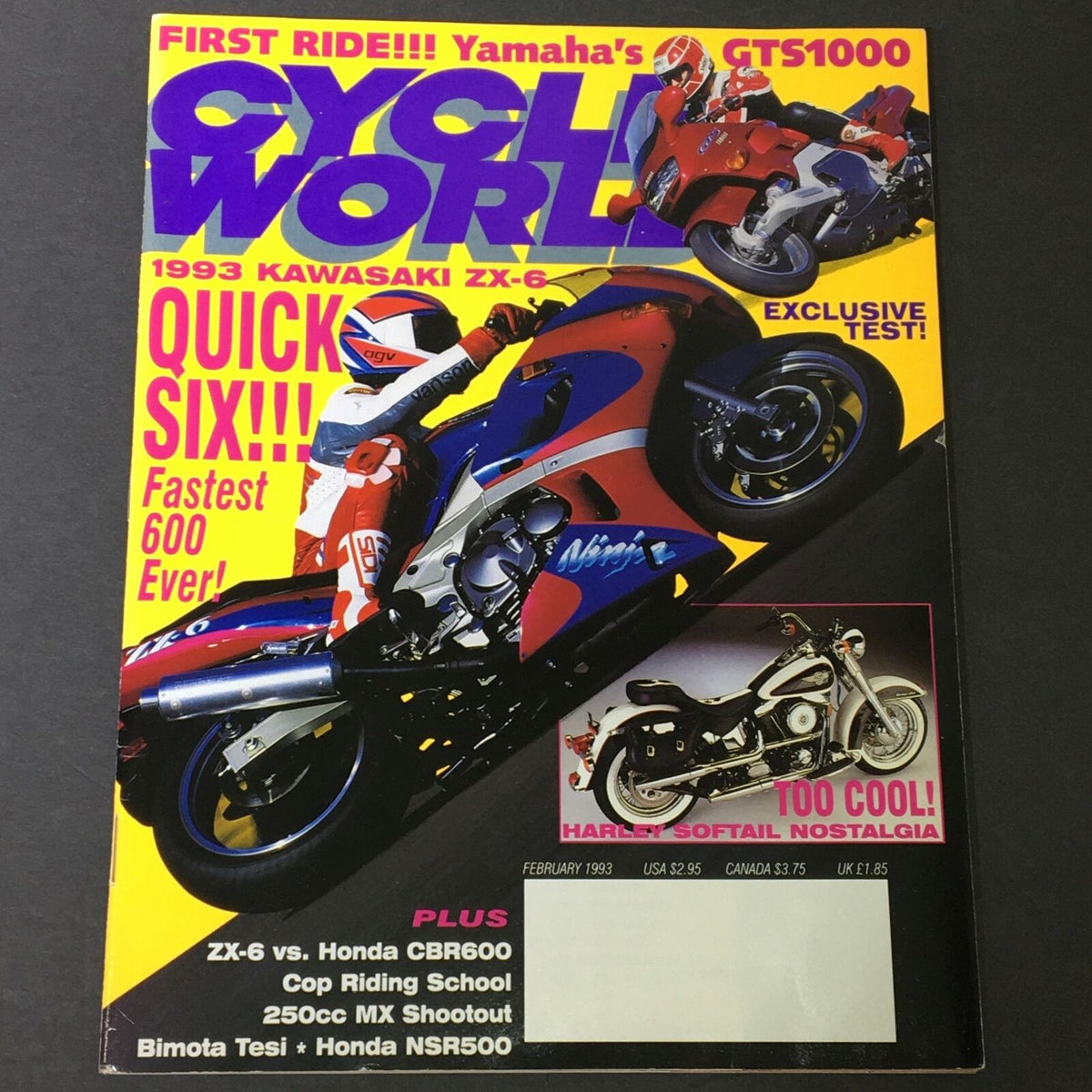 Cycle World Magazine, February 1993, featuring Yamaha GTS1000, Kawasaki ZX-6, and Honda CBR600 on the vibrant cover with a bold design and motorcycle images, perfect for collectors.