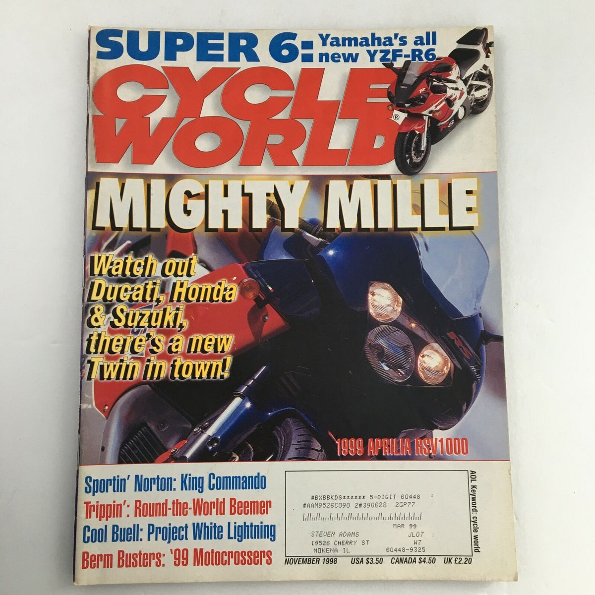 Cycle World Magazine November 1998 featuring the 1999 Aprilia RSV1000 and Norton King Commando, showcasing motorcycle history and innovations from the late '90s.