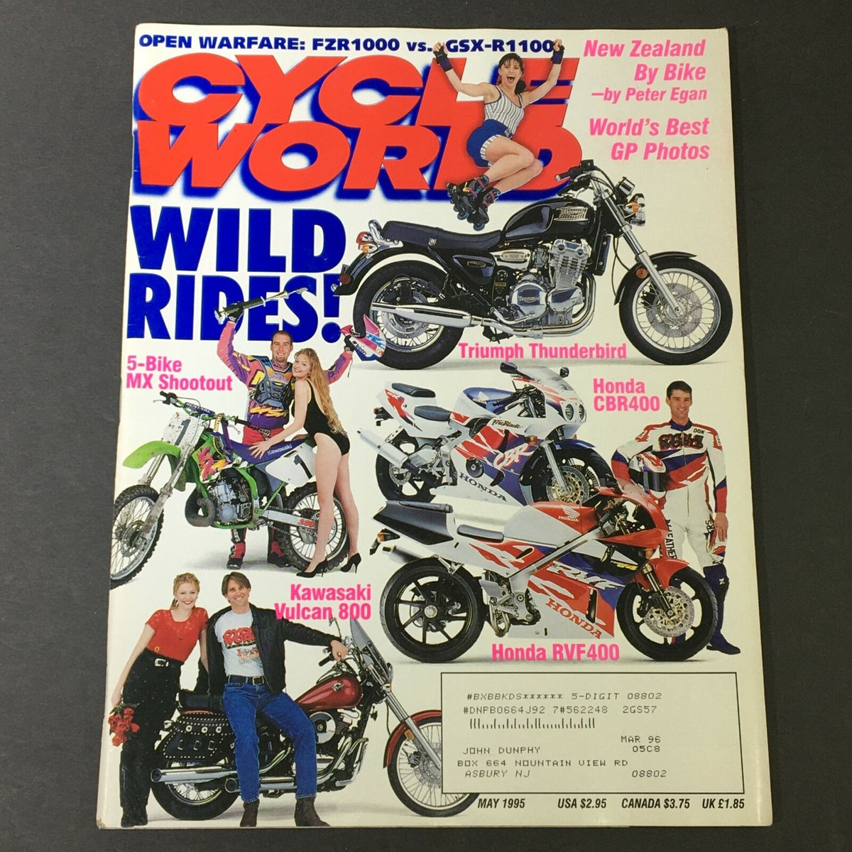 Cycle World Magazine May 1995 cover featuring a 5-Bike MX Shootout, Kawasaki Vulcan 800, Triumph Thunderbird, and Honda CBR400, highlighting motorcycle culture of the mid-90s.