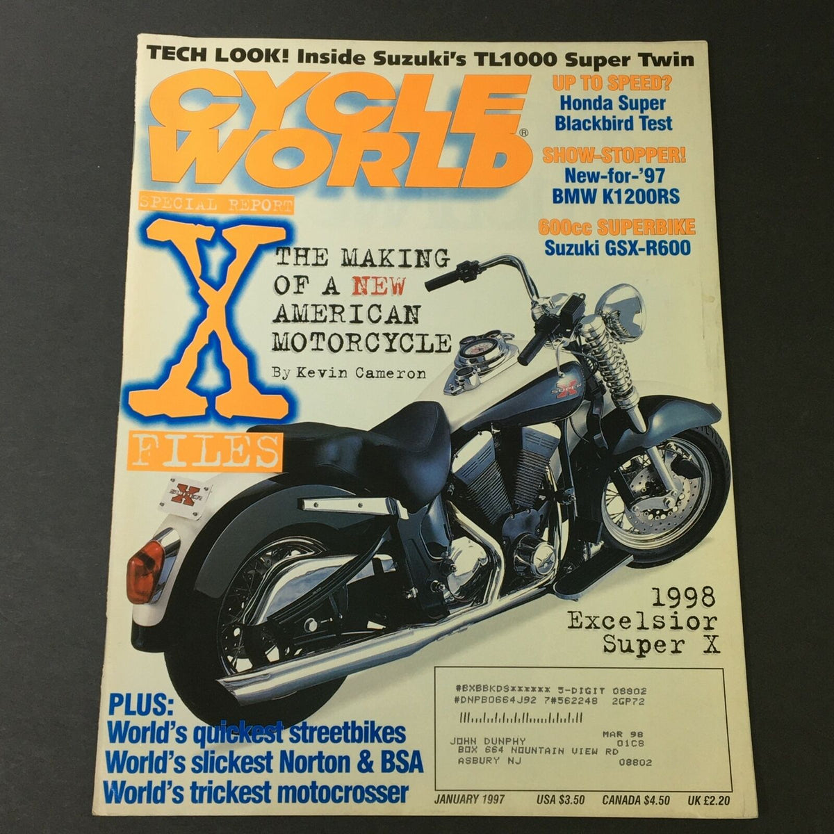 Cover of Cycle World Magazine January 1997 featuring Suzuki TL1000 Super Twin and BMW K1200RS, showcasing motorcycle innovations and special report on new American motorcycles.
