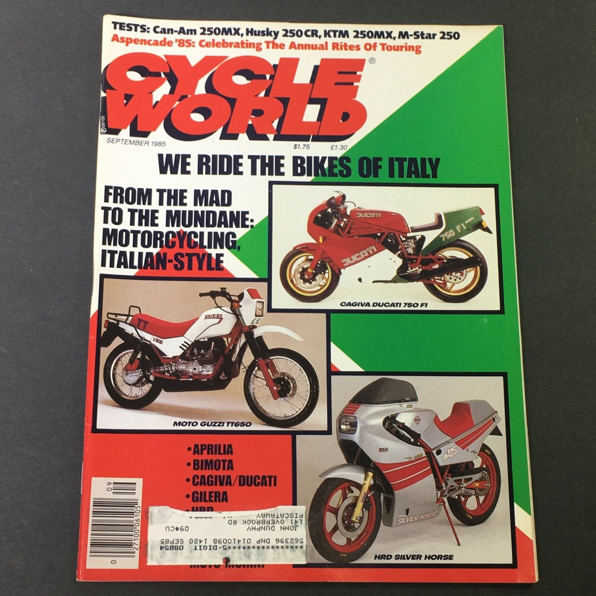 Cover of the Cycle World Magazine from September 1985 featuring articles on the Can-Am 250MX, Husqvarna 250CR, and KTM 250MX. The magazine highlights motorcycles with an eye-catching design, showcasing bikes like the Cagiva Ducati 750 F1, Moto Guzzi T650, and HRD Silver Horse, while emphasizing the celebration of Italian motorcycling.