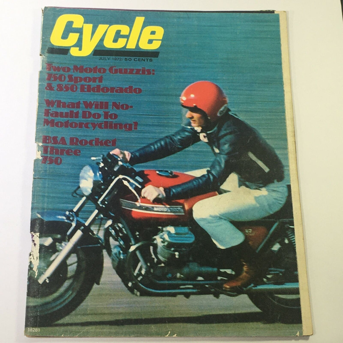 Cover of VTG Cycle Magazine July 1972 featuring two Moto Guzzis: 750 Sport and 850 Eldorado, showcasing a rider in a red helmet on a motorcycle.