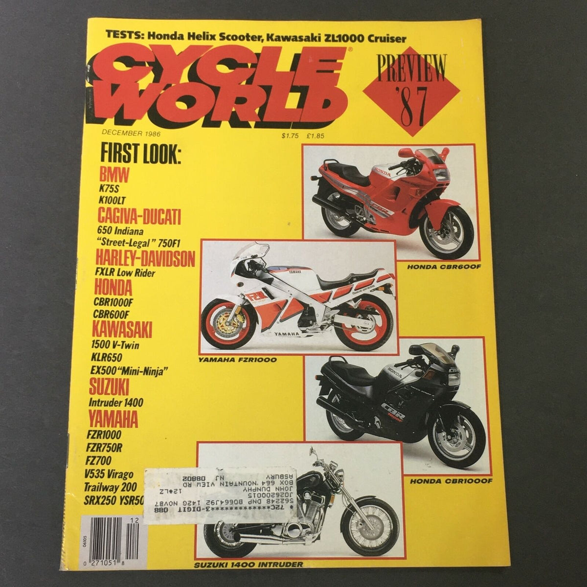 Cover of Cycle World Magazine December 1986 featuring BMW K75S, K100LT, and Cagiva-Ducati motorcycles, showcasing classic motorcycle designs and advertisements from the late 1980s.