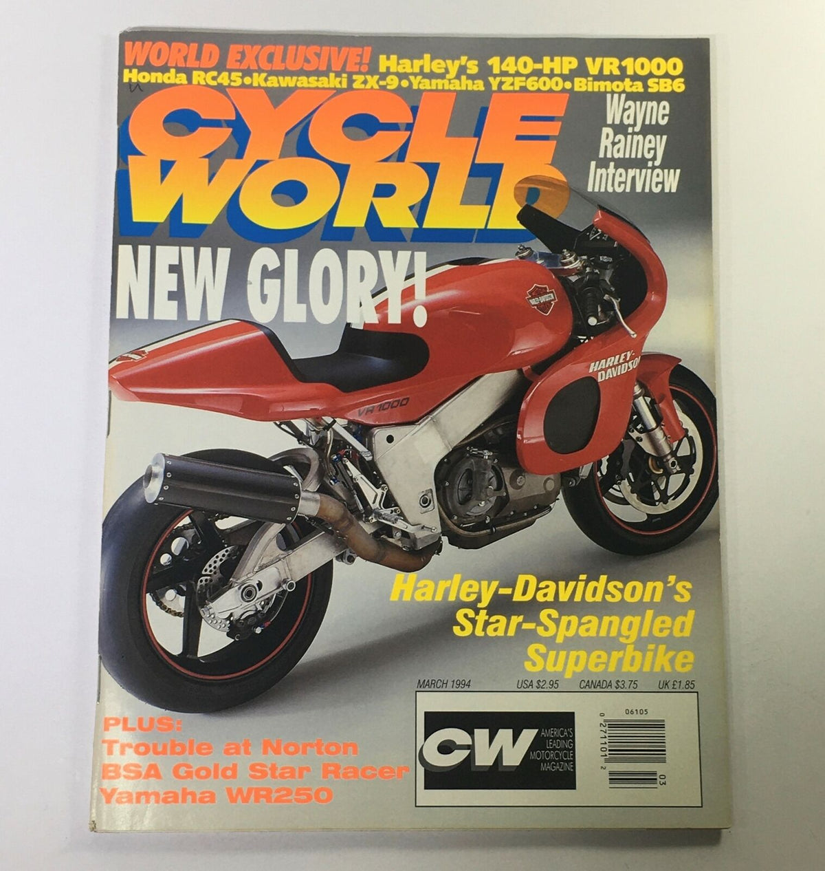 Cover of Cycle World Magazine March 1994 featuring Harley's VR1000 motorcycle, with highlighted text on exclusive features like Honda RC45 and Kawasaki ZX-9. The magazine showcases motorcycle culture and technology of the 1990s.