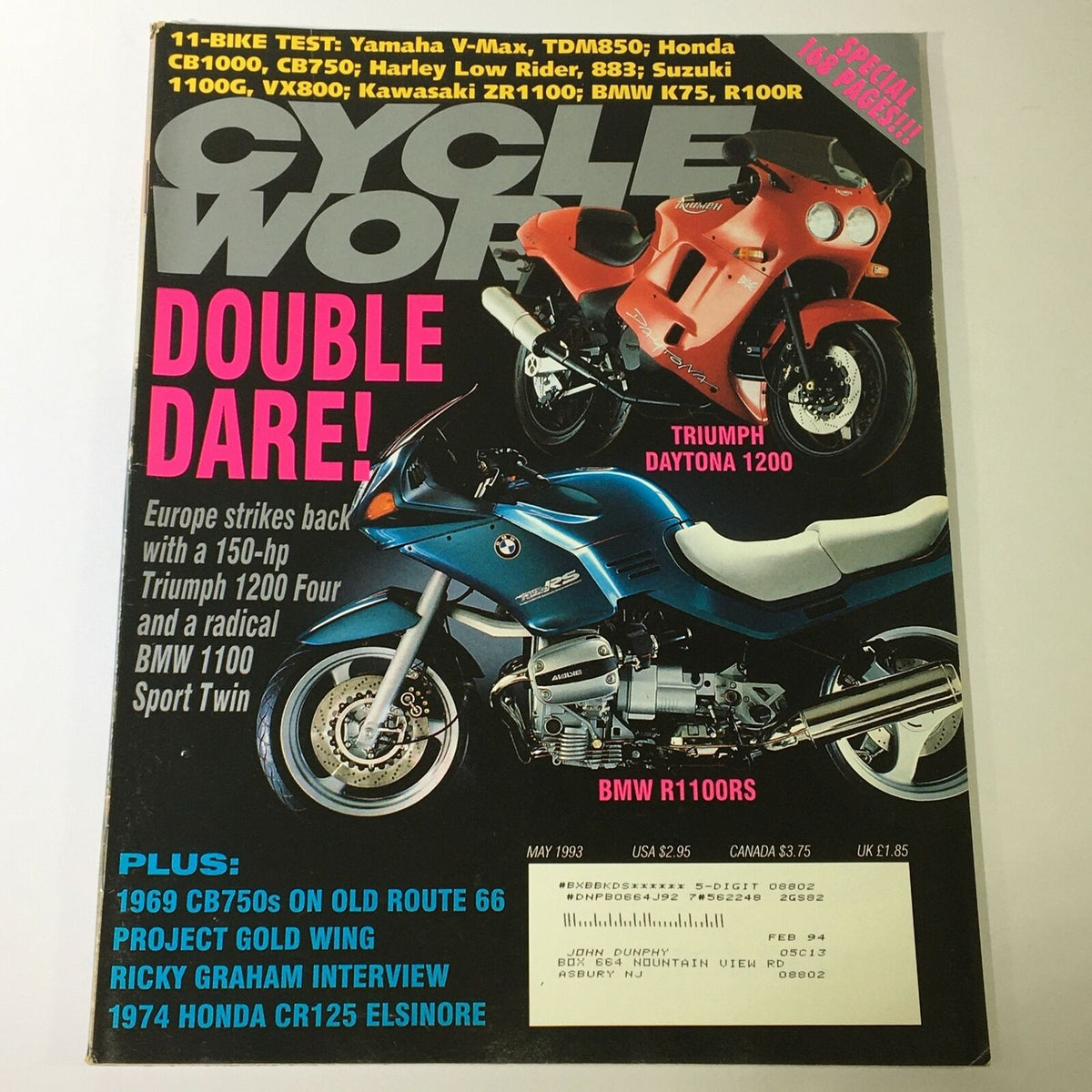 Cycle World Magazine May 1993 cover featuring the Triumph Daytona 1200 and BMW R1100RS, with headlines highlighting motorcycle tests and features from a pivotal era in motorcycle history.