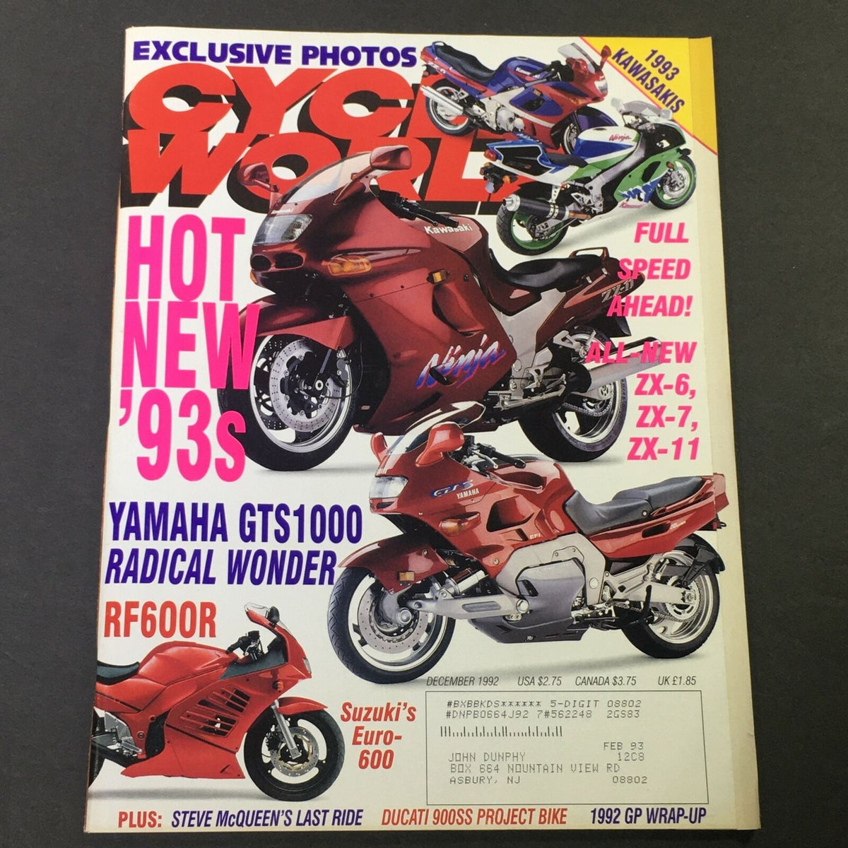 Cycle World Magazine December 1992 featuring the Yamaha GTS1100 and Suzuki Euro-600 road test. The cover showcases vibrant graphics, highlighting the latest 1993 motorcycle models, including the Kawasaki Ninja and Suzuki's Euro-600. This collectible magazine reflects the motorcycling culture of the early '90s.