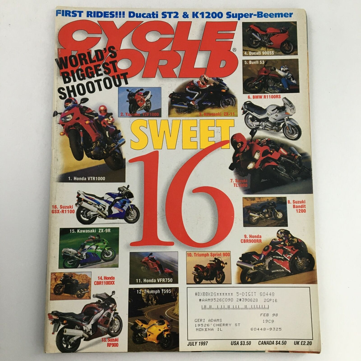 Cover of Cycle World Magazine July 1997 featuring Ducati ST2, K1200 Super-Beemer, and Ducati 900SS, with a prominent headline 'World's Biggest Shootout' and images of motorcycles including the Honda VTR1000.