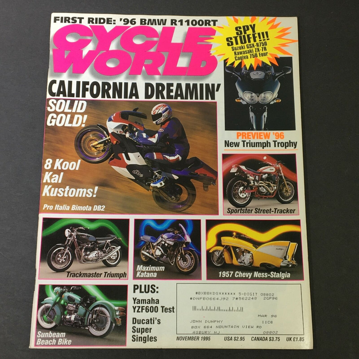 Cycle World Magazine November 1995 featuring Pro Italia Bimota DB2 and Trackmaster Triumph, showcasing motorcycle culture and innovation of the mid-90s.