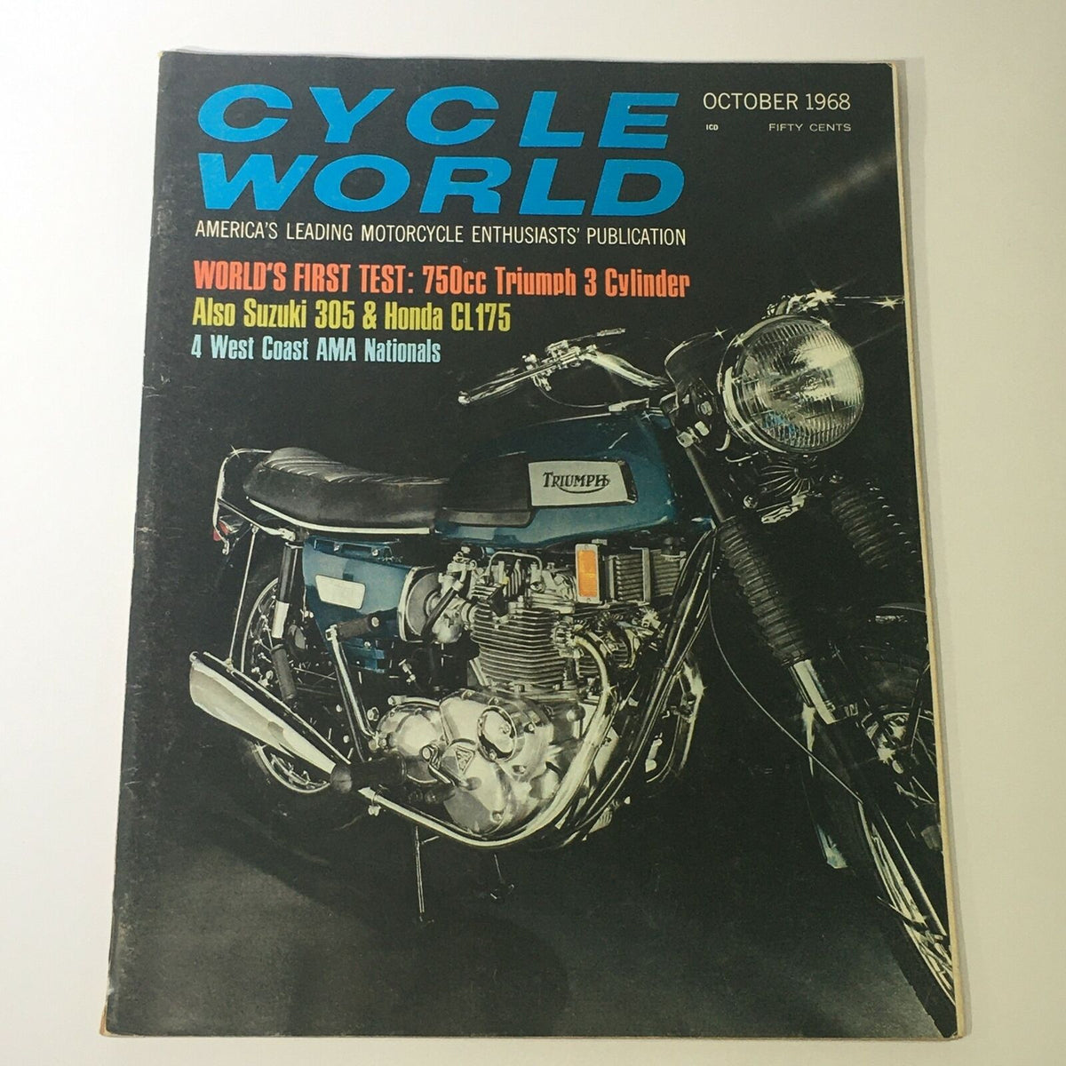 Cover of VTG Cycle World Magazine from October 1968 featuring a road test of the 750cc Triumph 3-C motorcycle and Suzuki 305, showcasing vibrant imagery and motorcycle nostalgia.