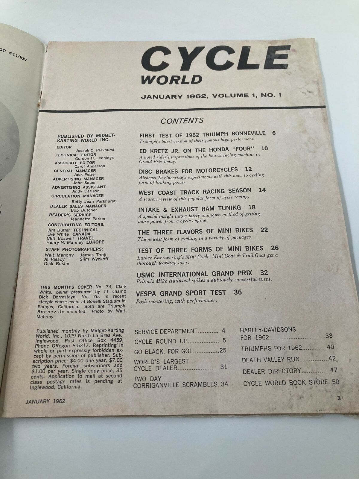 Cycle World Magazine 1st Issue January 1962 table of contents detailing featured articles including Triumph Bonneville and Vespa Grand Sport.