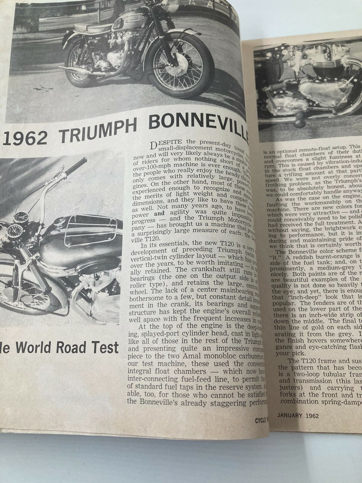 Cycle World Magazine 1st Issue January 1962 showcasing an illustrated article on the 1962 Triumph Bonneville motorcycle.