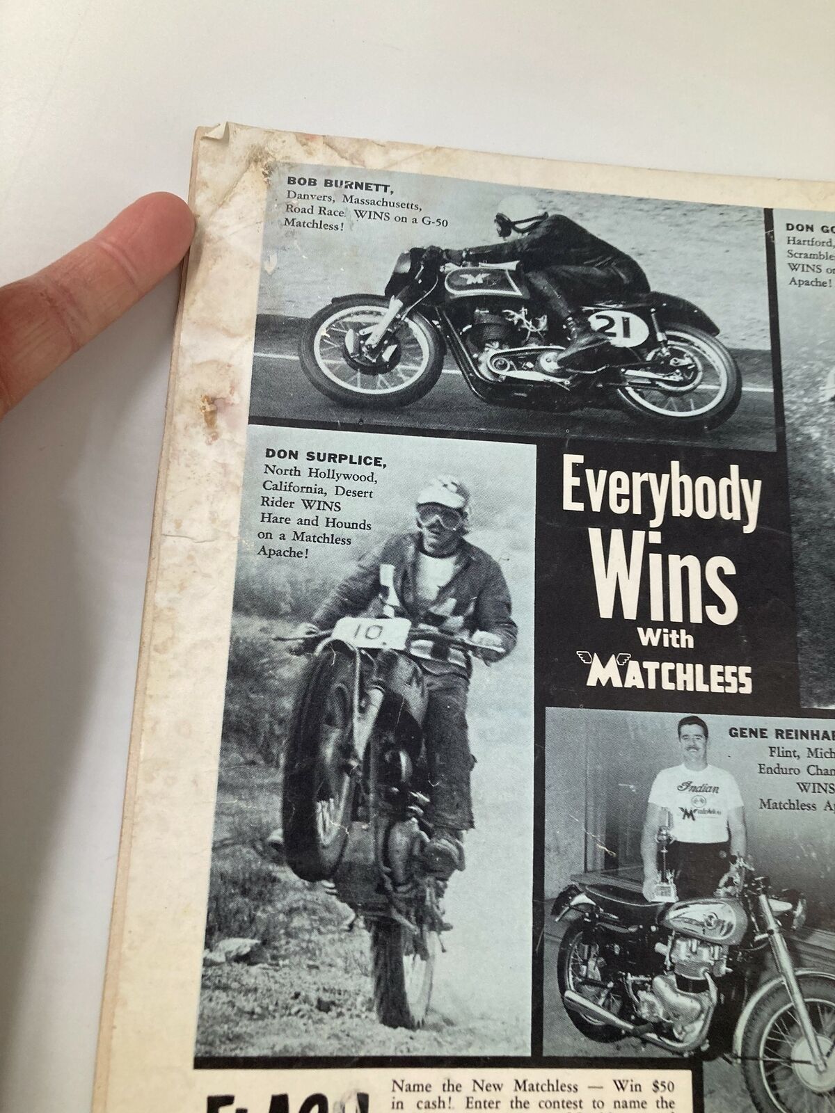 Close-up of Cycle World Magazine 1st Issue January 1962 featuring motorcycle racers Bob Burnett and Don Surplice with their Matchless motorcycles, showcasing the excitement of early 1960s motorcycle racing.