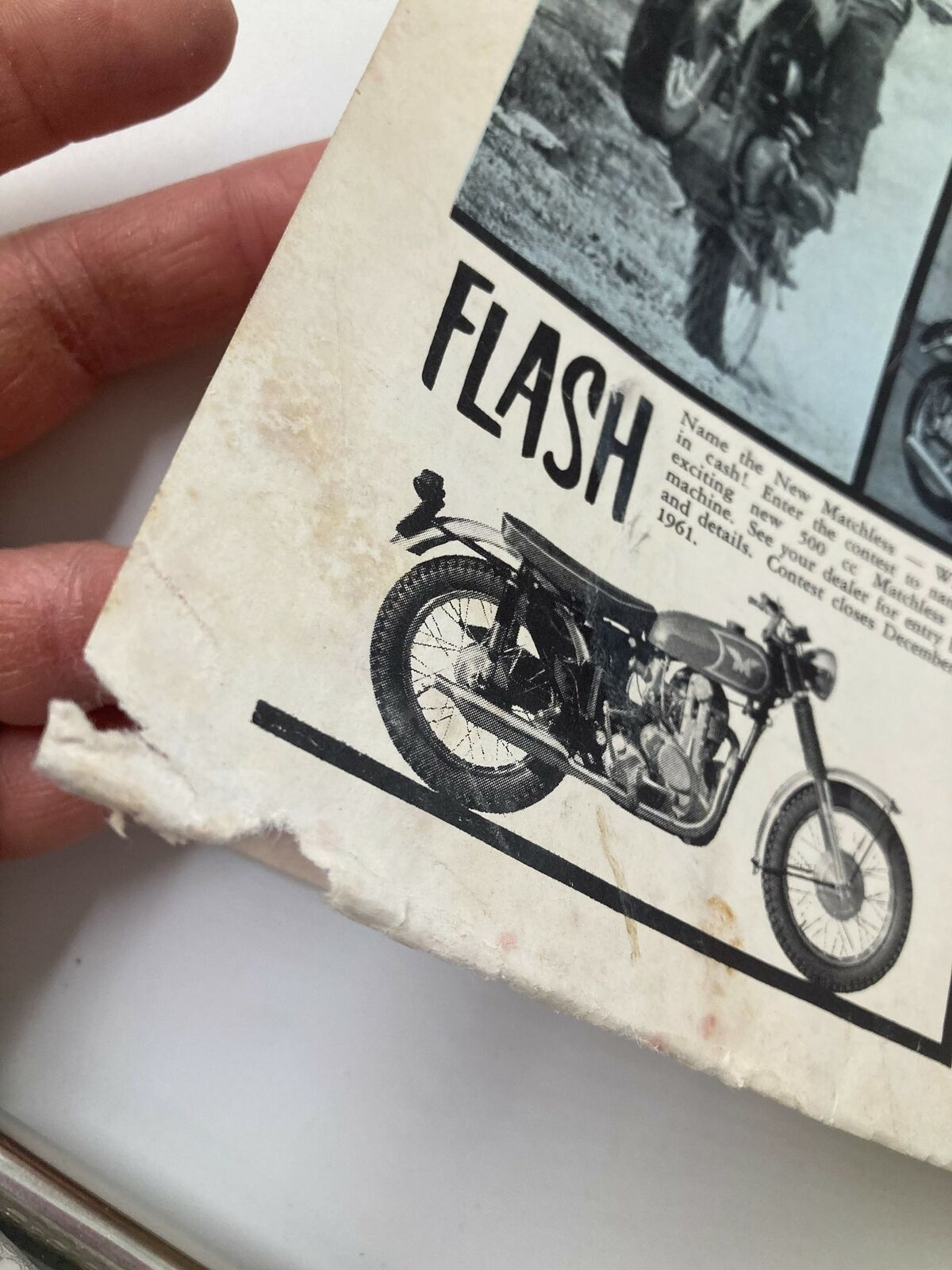 Image of the back cover of Cycle World Magazine 1st Issue January 1962 with the word 'FLASH' highlighting a promotion for naming a new Matchless motorcycle, illustrating the marketing trends of the era.