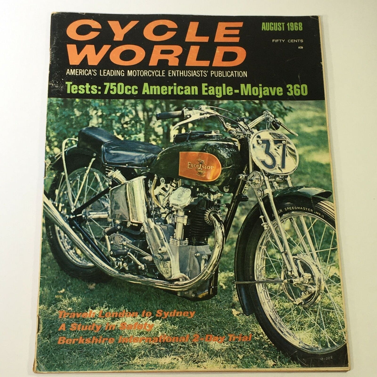 Cover of VTG Cycle World Magazine August 1968 featuring a 750cc American Eagle-Mojave 360 motorcycle with the title prominently displayed. The magazine highlights tests, bicycle safety, and travel.
