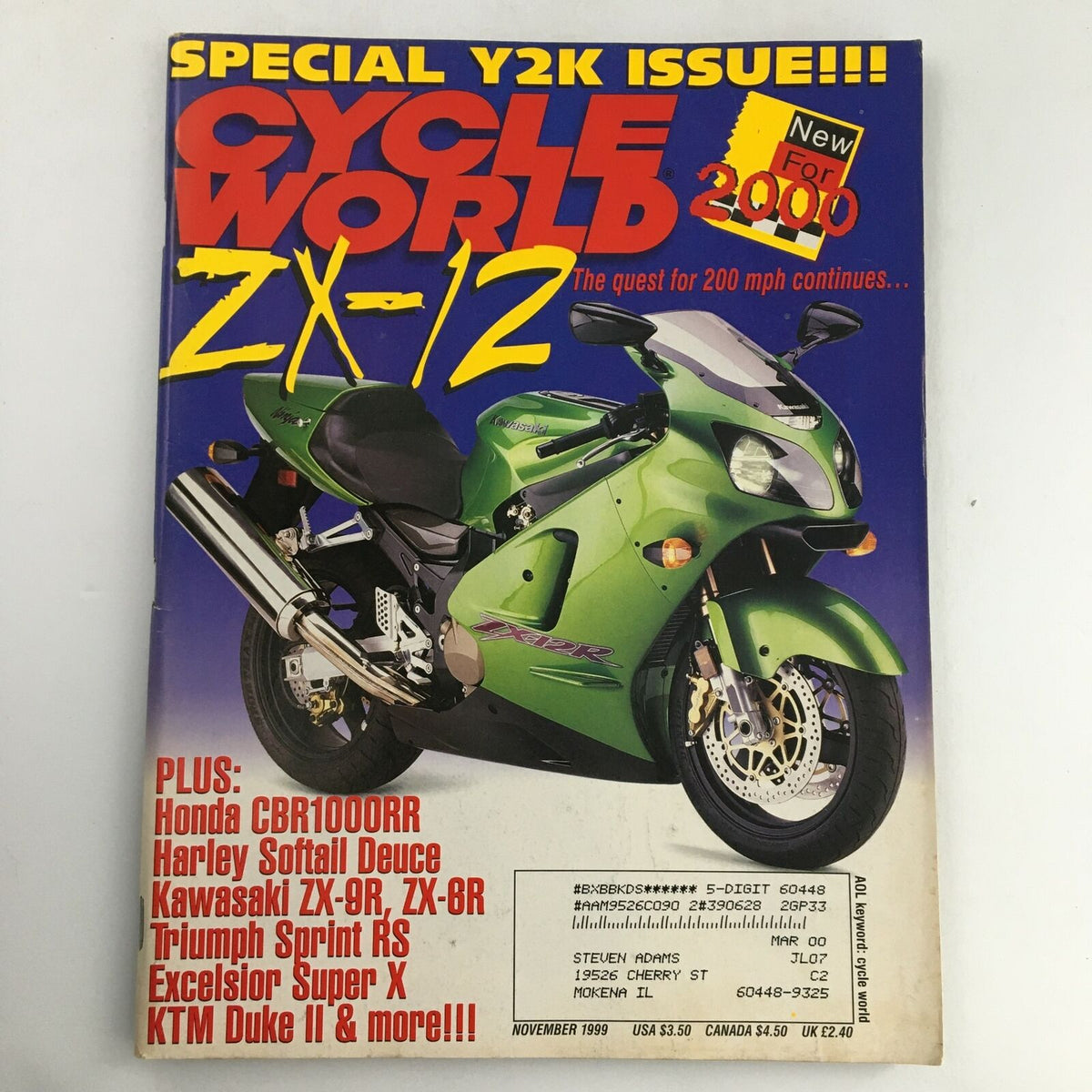 Cycle World Magazine November 1999 featuring Kawasaki ZX-12 on the cover, highlighting the quest for high-speed performance with mentions of Honda CBR1000RR, Harley Softail Deuce, and more.