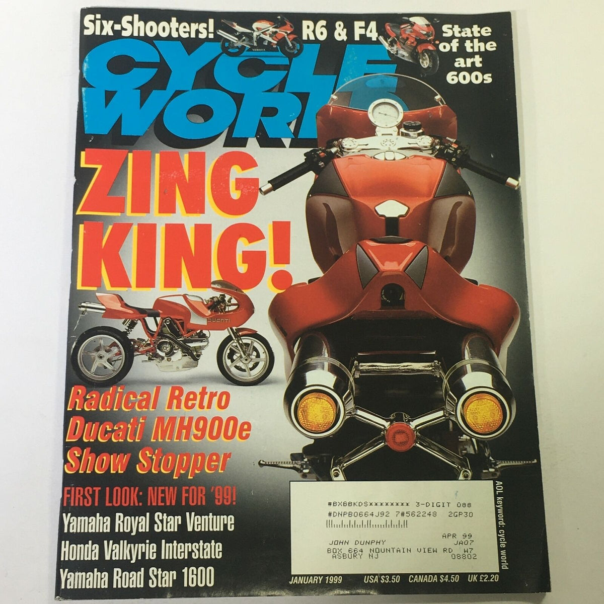 Cycle World Magazine January 1999 cover featuring Yamaha R6, F4, and Ducati MH900e, showcasing motorcycle culture and innovations from the late 90s.