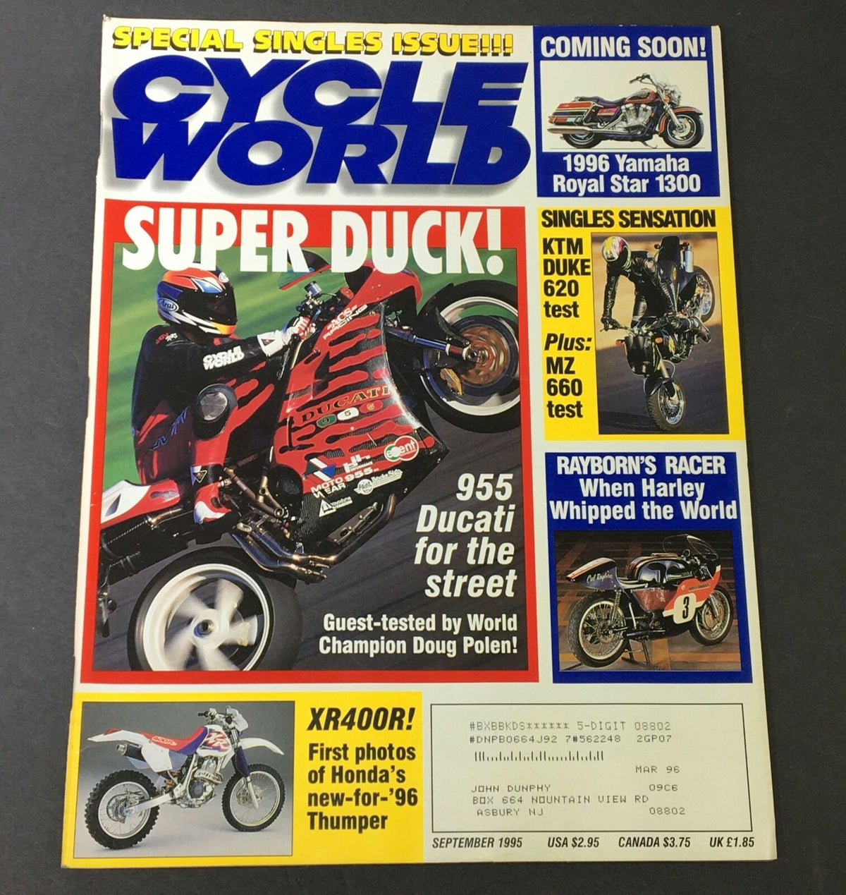 Cycle World Magazine September 1995 cover featuring 955 Ducati motorcycle for the street, with highlights on Yamaha Royal Star 1300, KTM Duke 620 test, and first photos of Honda's XR400R Thumper.