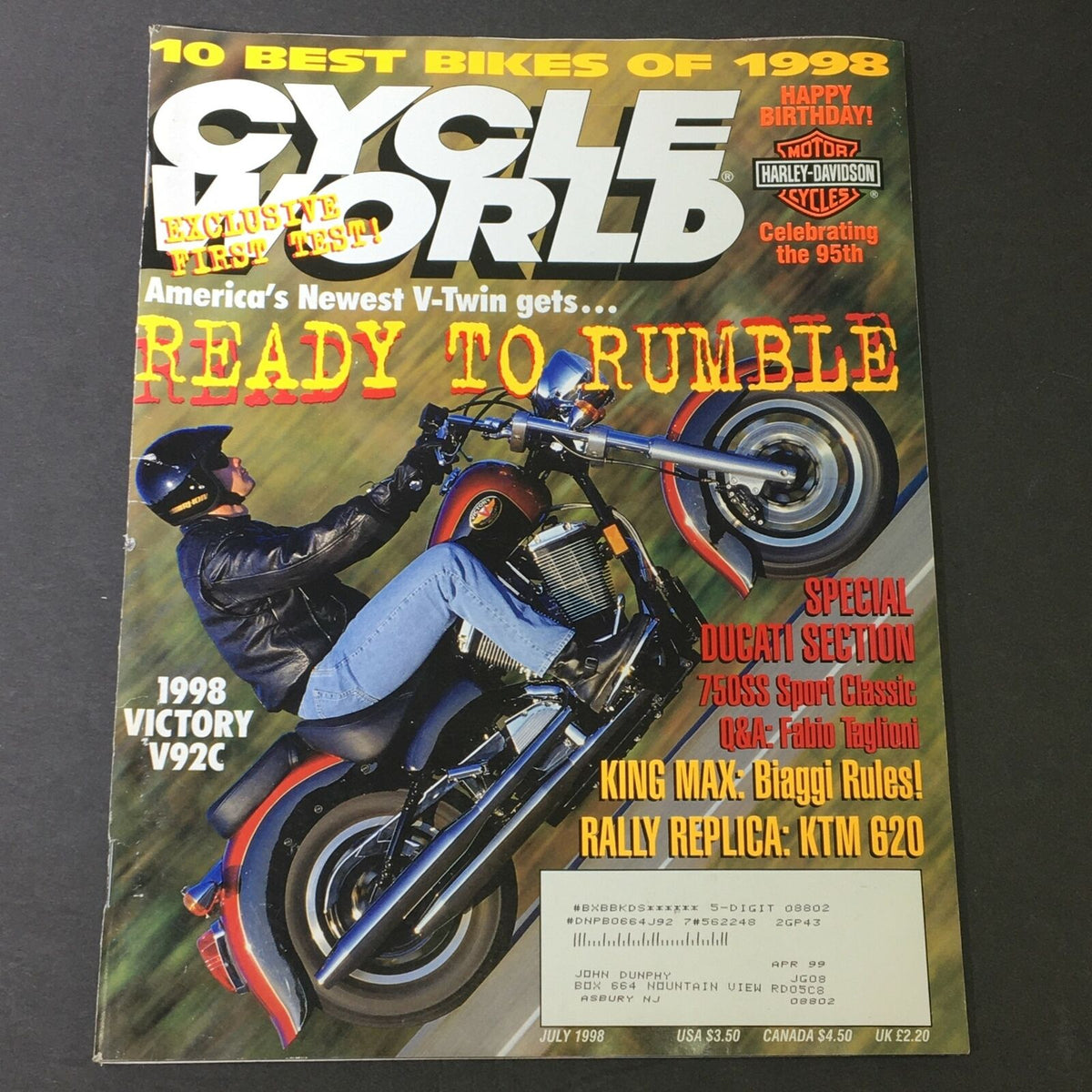Cover of Cycle World Magazine July 1998 featuring an exclusive first test of the 1998 Victory V92C motorcycle, showcasing the design and excitement of the biking world.