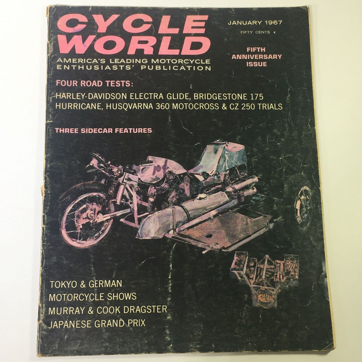 Cycle World Magazine cover from January 1967 featuring Harley Davidson Electra Glide and Bridgestone 175 with text highlighting road tests and motorcycle events.
