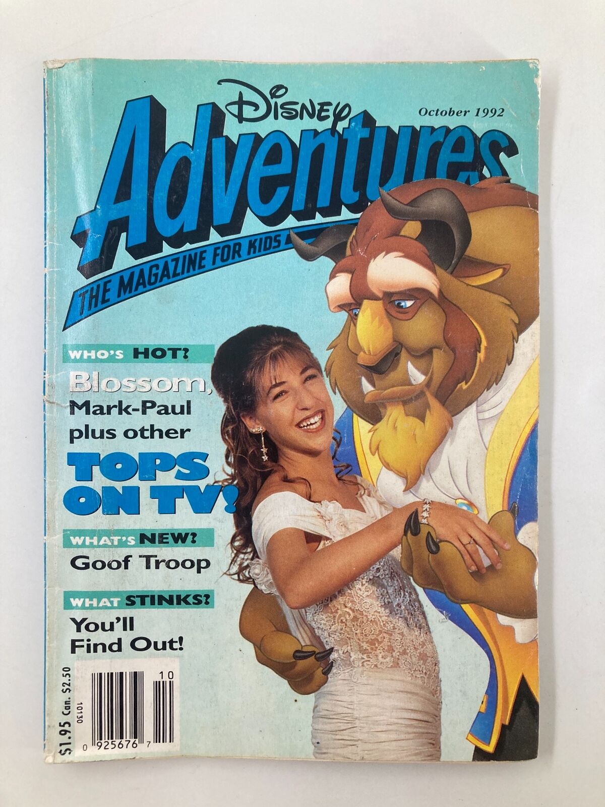 Cover of Disney Adventures Magazine October 1992 featuring Blossom and Mark-Paul alongside the Beast, showcasing vibrant colors and nostalgic imagery.