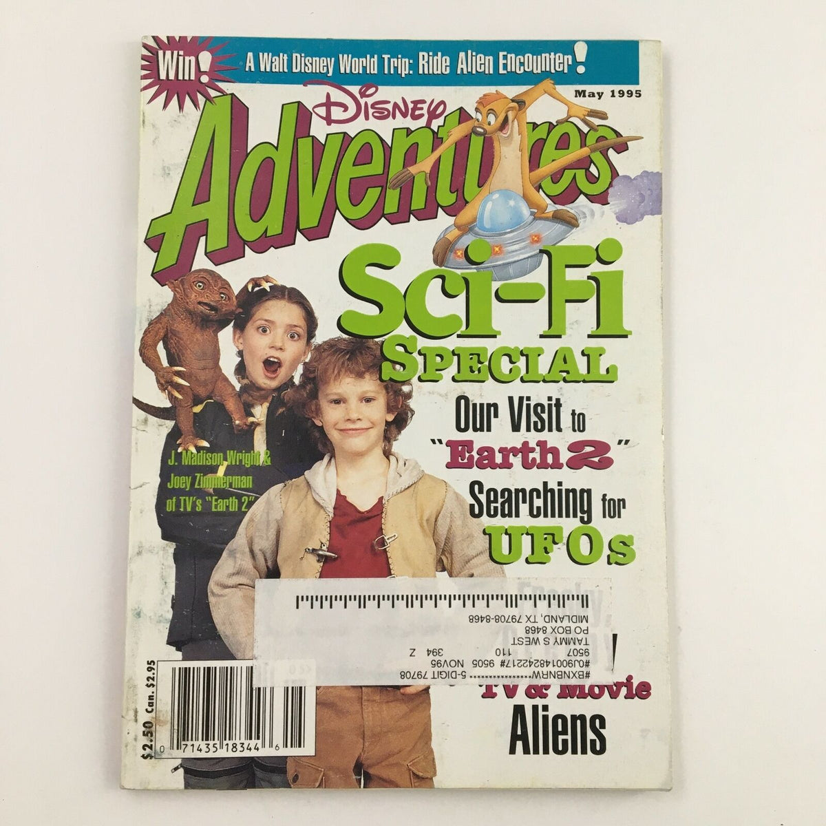 Disney Adventures Magazine May 1995 featuring J. Madison Wright and Joey Zimmerman, showcasing a Sci-Fi special on Earth 2, with vibrant cover art, characters, and exciting articles about UFOs and aliens.