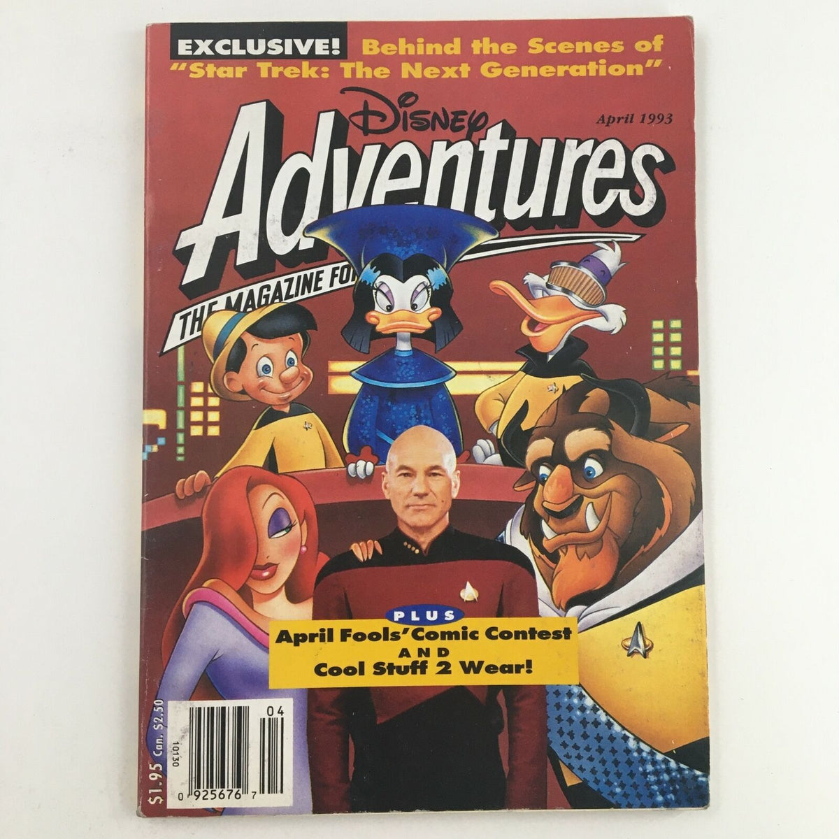 Disney Adventures Magazine from April 1993 featuring Patrick Stewart and iconic Disney characters like Donald Duck and Pinocchio, highlighting Star Trek: The Next Generation.