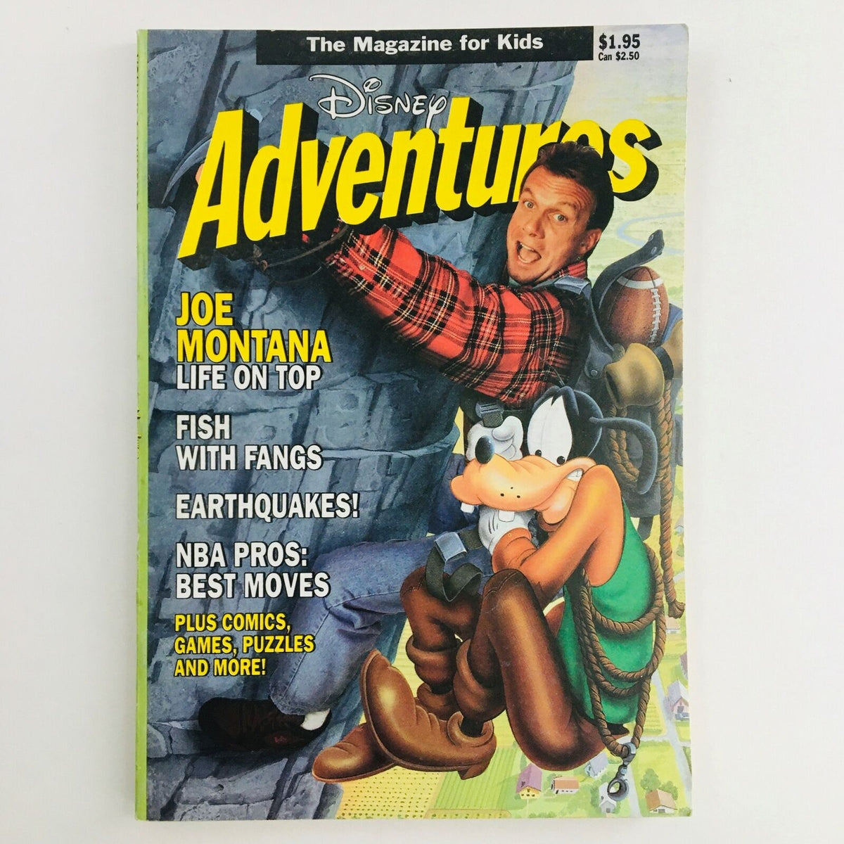 Disney Adventures Magazine cover from May 1991 featuring Joe Montana and Goofy, with the title 'Life on Top', highlighting topics like fish, earthquakes, and NBA pros.