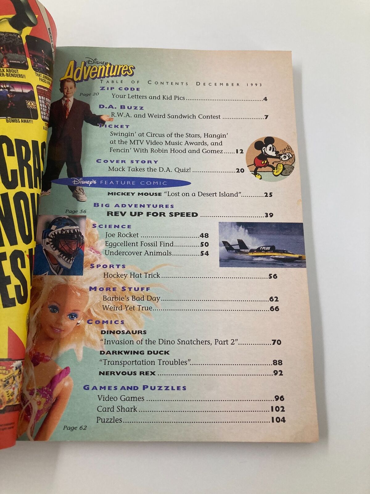 Inside page of Disney Adventures Magazine December 1993 displaying the table of contents, featuring various sections including comics, games, and articles, reflecting the magazine's diverse content for kids.