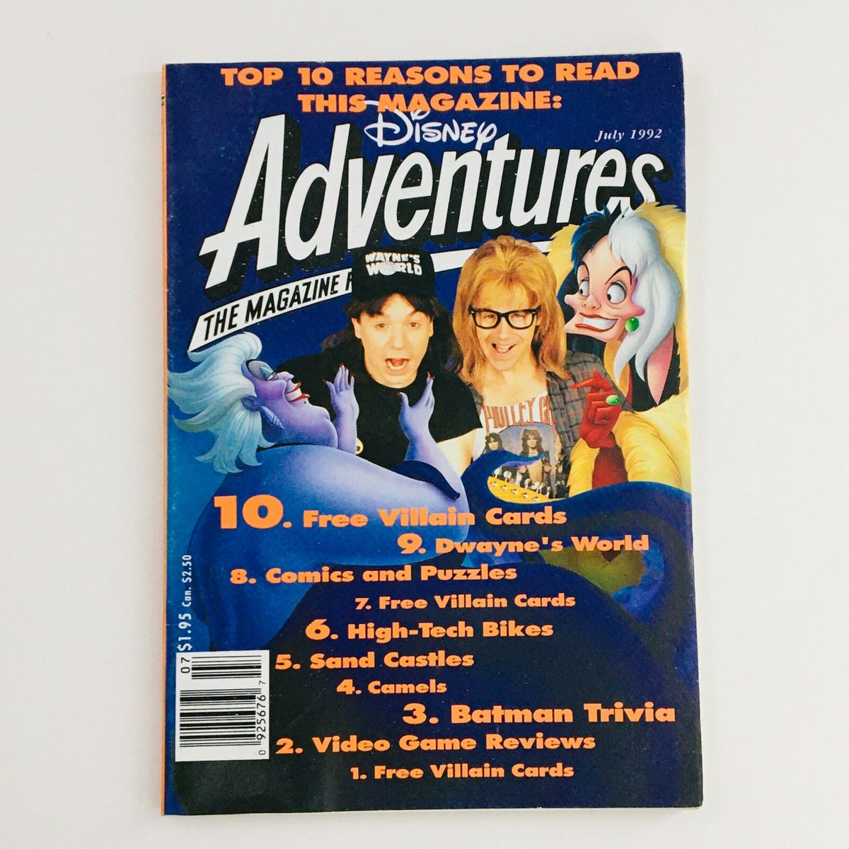 Disney Adventures Magazine July 1992 cover featuring Mike Myers and Dana Carvey, highlighting top reasons to read including free villain cards and Dwayne's World, with iconic Disney characters.