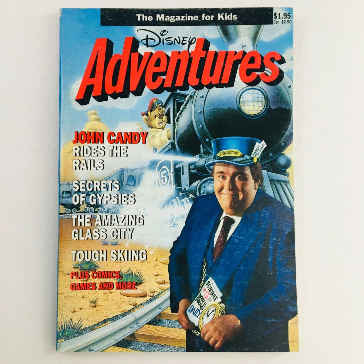 Cover of Disney Adventures Magazine from March 1991 featuring John Candy on the front, with the headline 'John Candy Rides The Rails', colorful illustrations and images of iconic Disney characters, a vintage magazine perfect for collectors.