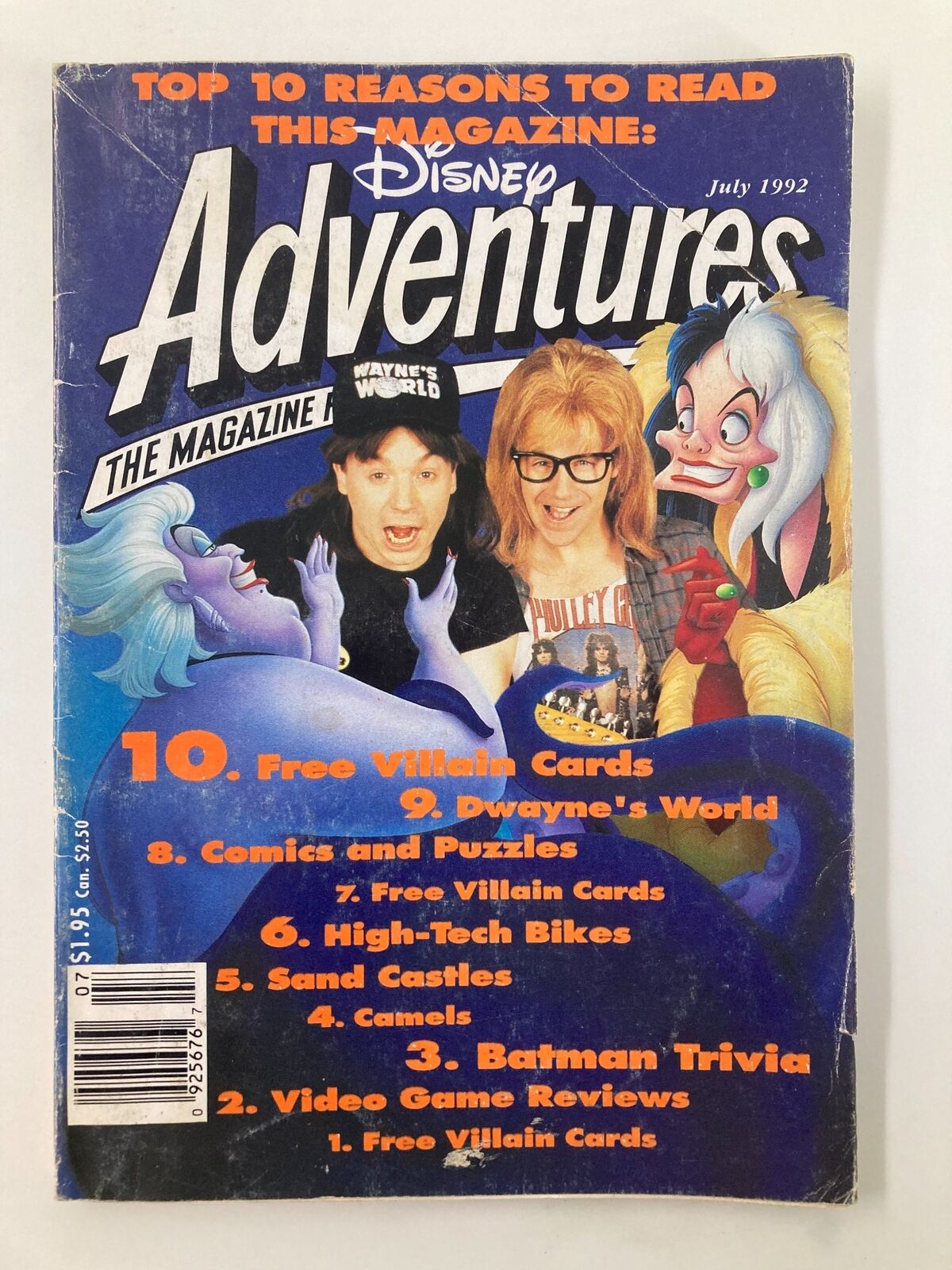 Disney Adventures Magazine July 1992 featuring Wayne and Garth on the cover, showcasing nostalgic pop culture with vibrant colors and text highlighting magazine features.