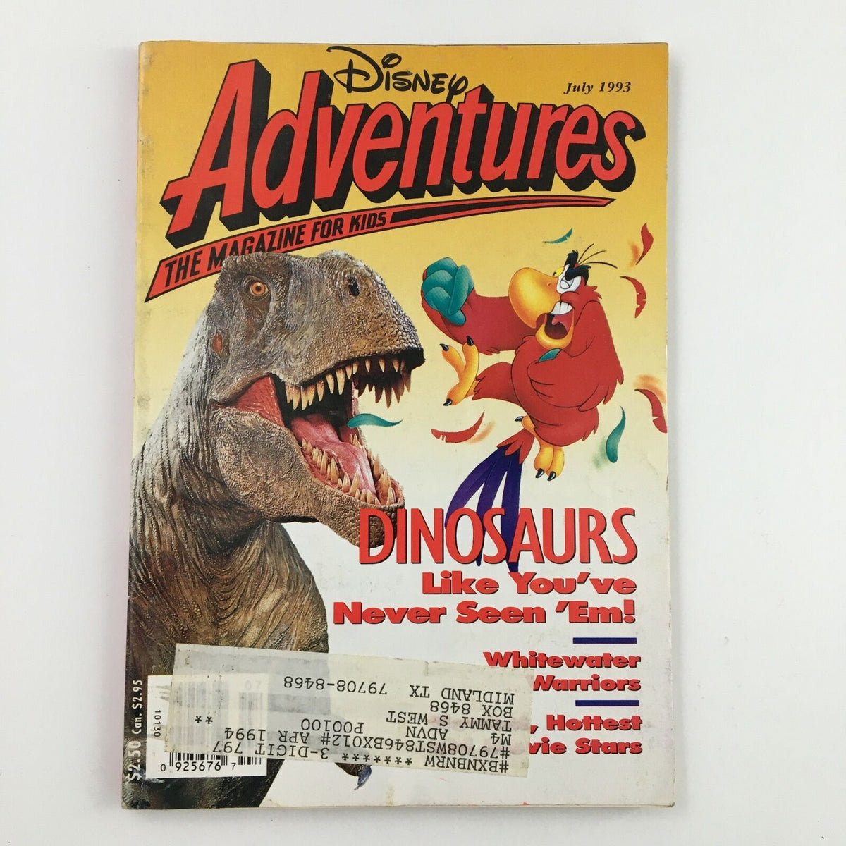 Cover of Disney Adventures Magazine July 1993 featuring a dinosaur and vibrant illustrations with the title 'Dinosaurs Like You've Never Seen Them'.