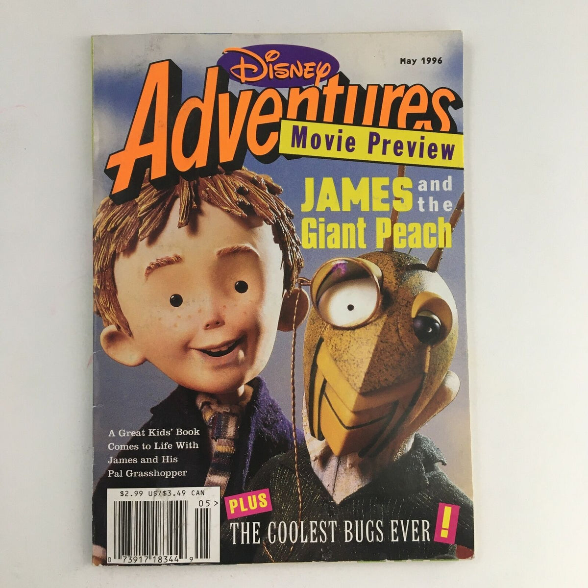 Cover of Disney Adventures Magazine May 1996 featuring James and the Giant Peach. The cover showcases characters James and Grasshopper from the film, highlighting the magazine's focus on the movie preview.