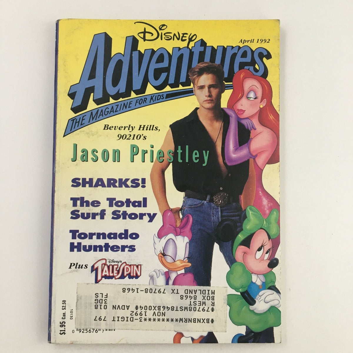 Cover of Disney Adventures Magazine from April 1992 featuring Jason Priestley from Beverly Hills 90210 along with Disney characters, showcasing vintage pop culture.
