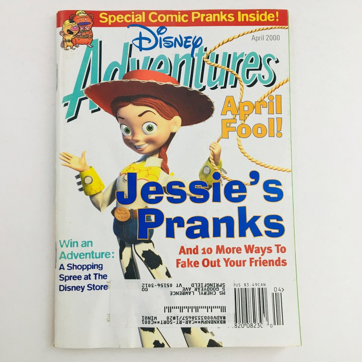 Cover of Disney Adventures Magazine April 2000 featuring 'April Fool! Jessie's Pranks in Toy Story'. The cover showcases Jessie, a character from Toy Story, in a playful pose with themes of pranks and humor.