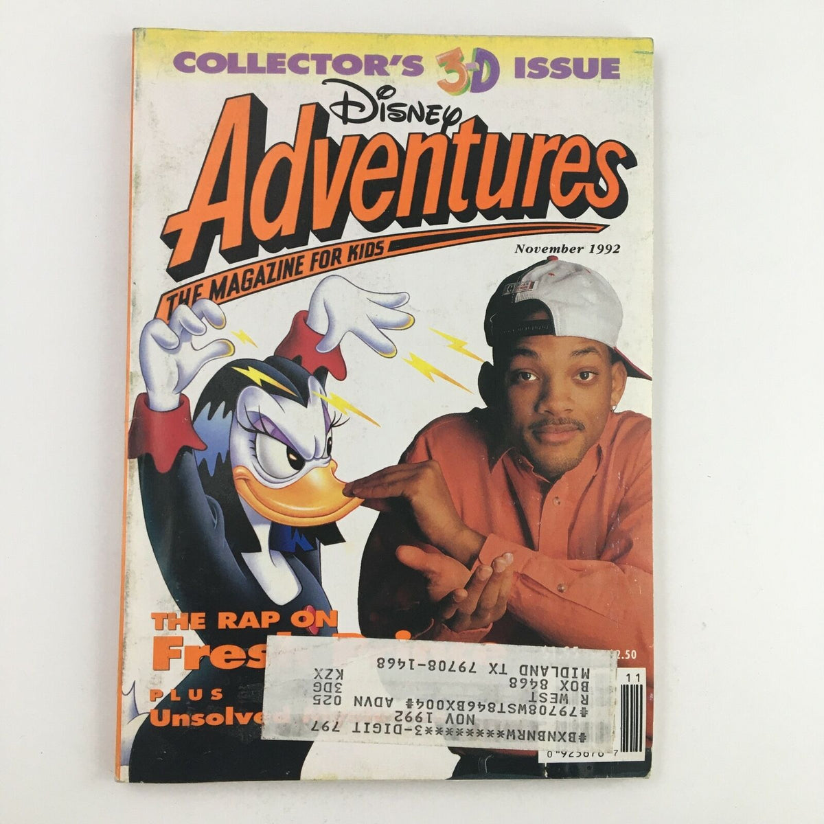 Cover of Disney Adventures Magazine from November 1992 featuring Will Smith with the headline 'The Rap On Fresh Prince' alongside an illustration of Donald Duck. This collectible magazine captures a nostalgic moment in pop culture, perfect for fans and collectors.