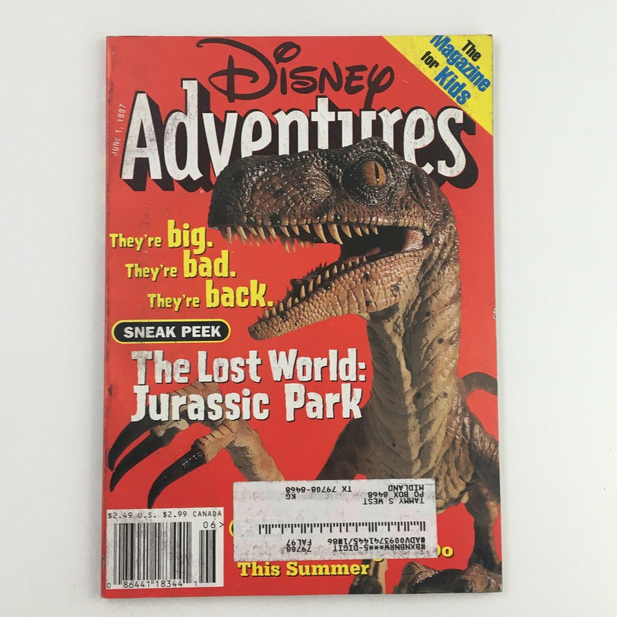 Cover of Disney Adventures Magazine, June 1, 1997, featuring a sneak peek of The Lost World: Jurassic Park. The vibrant red cover highlights a dinosaur and text stating, 'They're big. They're bad. They're back.' This collectible magazine captures the adventurous spirit of Disney.