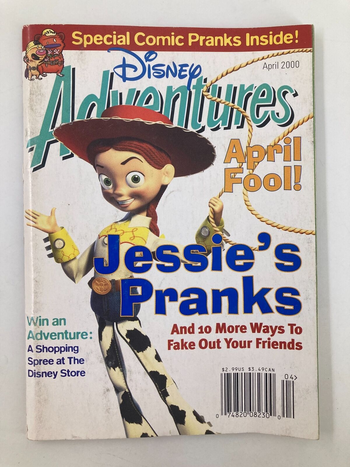 Cover of Disney Adventures Magazine, April 2000 featuring Jessie's Prank for April Fool with colorful graphics and a playful cartoon character.