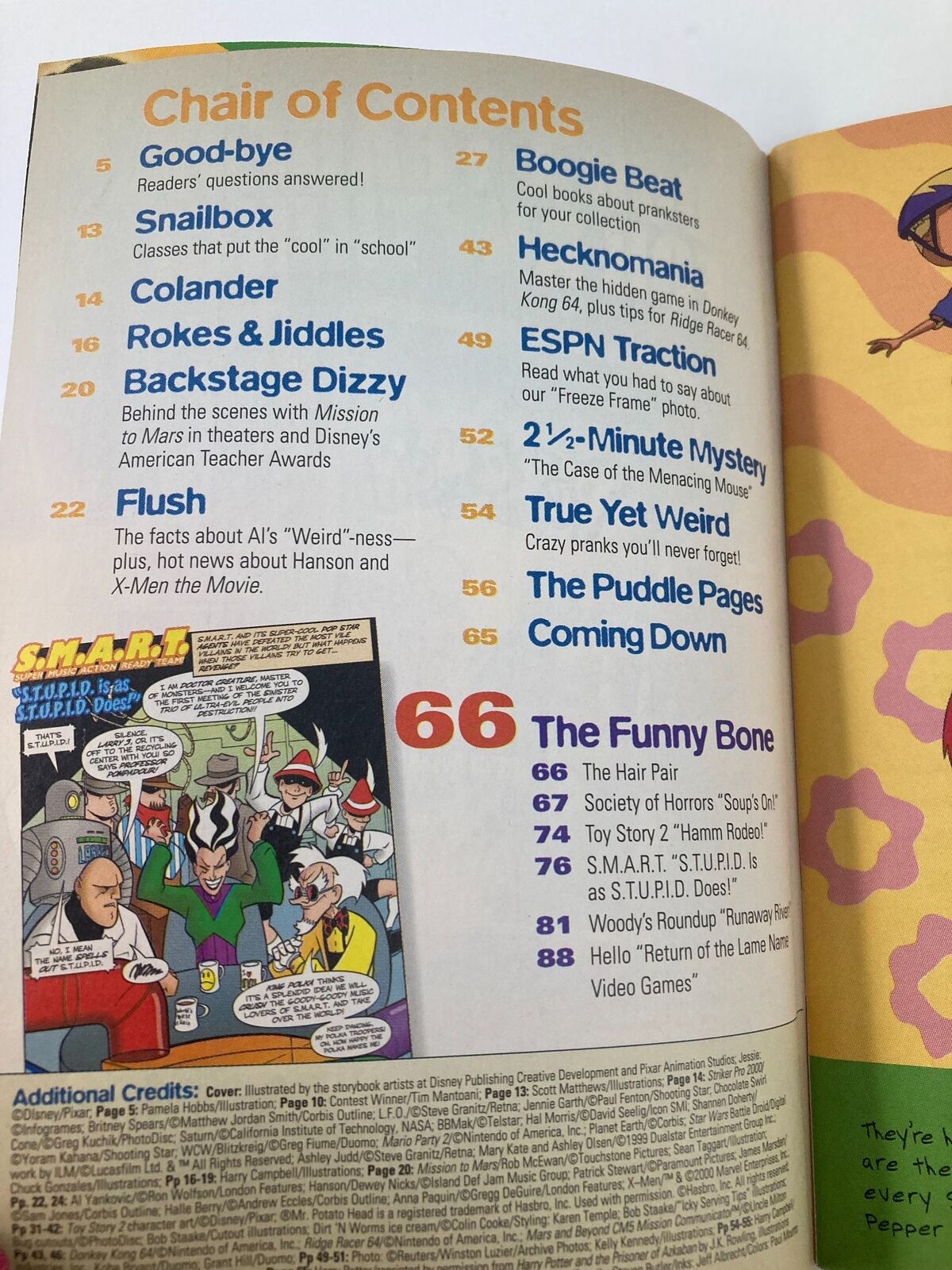 Contents page of Disney Adventures Magazine, April 2000 detailing sections including Jesse's Pranks, Boogie Beat, and The Funny Bone.